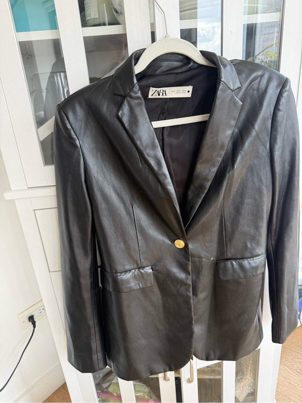 Zara Black Leather Blazer with Gold-Tone Button